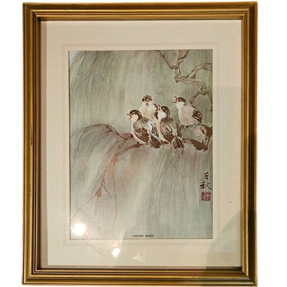 Vintage Framed Print "Young Birds" Asian Gold Frame 15x19 Inches Signed - Picture 2 of 7